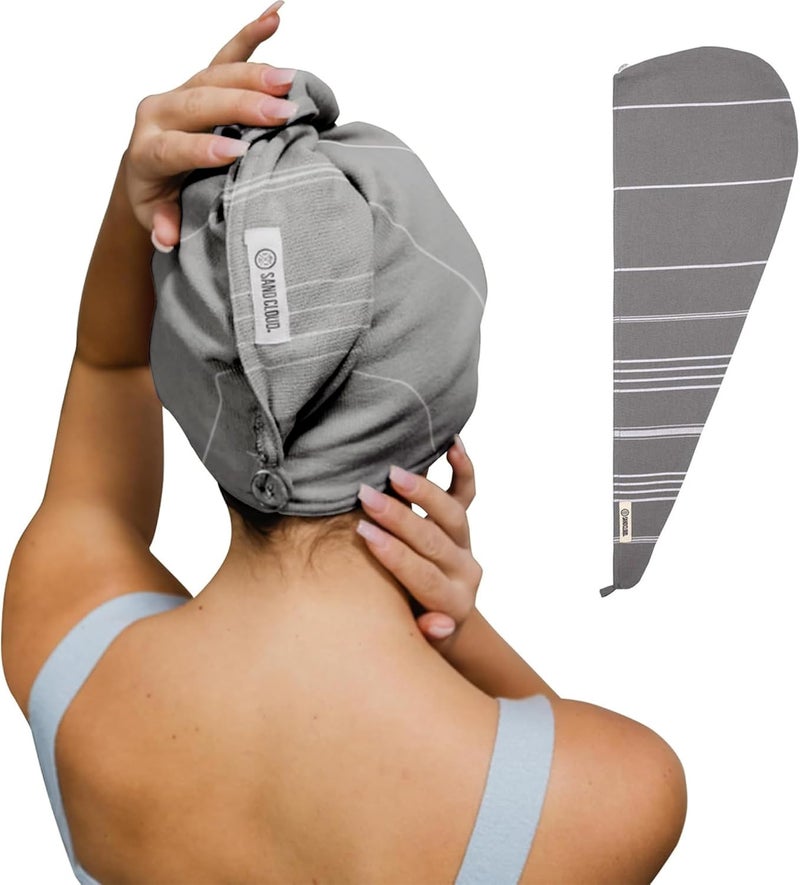 Sand Cloud Hair Towel Wrap for Women & Men, (Grey, Classic) - 100% Turkish Cotton Quick Hair Drying Towel Wrap - Absorbent Half Terry Weave Hair Plop Head Towel Wrap with Binding Edge - Image 1